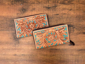 Elegante billetera turquesa para mujer con tallado a mano forro de cuero genuino lindo multiuso funda de teléfono embrague para damas - Product Image 5