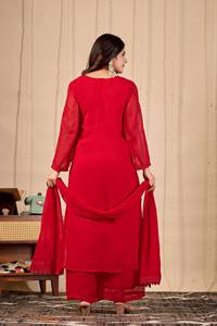 <b>Women</b> Traditional Red Embroidered Ankle-Length <b>Kurta</b> Set With Dupatta <b>For</b> Wedding India Pakistan Style - Product Image 4