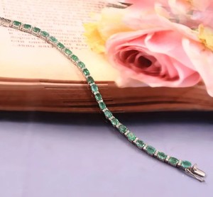 Natural Emerald Oval Cut Tennis Bracelet in Sterling <b>Silver</b> Gold Plated Luxury May Birthstone Wedding Jewelry for Women - Product Image 1
