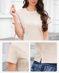 Camiseta Personalizada para Mujer, Cuello Redondo, Manga Corta, Color Beige, Corte Regular, Estilo Casual, Color Sólido - Product Image 3