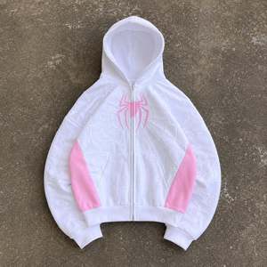 Sudadera con capucha y cremallera con logo de araña blanca y rosa, diseño de telaraña, ecológica, gótica, unisex, servicio OEM - Product Image 6
