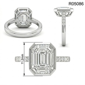 Anillo de compromiso y boda único de oro blanco macizo de 18K con diamantes talla pastel y esmeraldas en engaste de bisel y banda pavé, proveedor de Hong Kong - Product Image 5