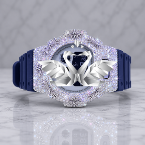 Luxury Floral Engraved Iced Out Digital Watch for Men, Navy Blue Rubber Strap, Full Moissanite Diamond Paved Hip Hop Watch - Product Image 1