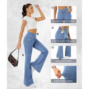 2025, pantalones vaqueros elásticos de cintura alta cruzados de moda para mujer, mallas acampanadas con bolsillos, Jeggings Y2K de lavado ligero, talla XL - Product Image 2