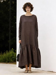 Vestido Maxi Bohemio Holgado para Mujer, Manga Larga, Algodón y Lino, Cuello Redondo, Estilo Casual Minimalista - Product Image 3