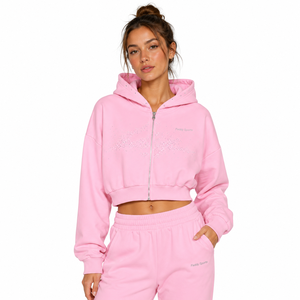 Custom Logo Women's Pink Rhinestone <b>Zip</b> <b>Up</b> <b>Cropped</b> Hoodie Y2K Streetwear Long Sleeve Loose Fleece Short Sweatshirt Wholesale - Product Image 1