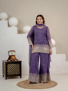 Conjunto de Ropa Étnica con Accesorios: Top de Seda Crujiente Regional de 3mm con Bordado de Lentejuelas y Palazzo Elegante con Dupatta (NW 3103) - Product Image 1