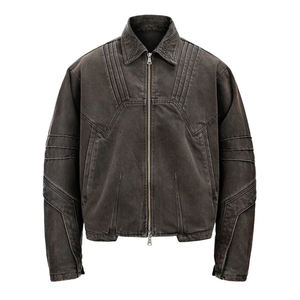 High Quality Vintage Denim Jacket Acid Washed with Stand Collar Zipper Distressed Jacket Custom logo Jacket for Men - Product Image 6