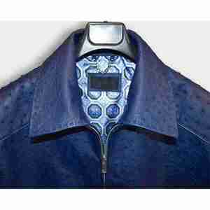 Men's Blue PU Bomber Jacket Embossed Pattern Zipper Closure Turn-<b>down</b> Collar Casual Autumn Style Regular Fit - Product Image 4