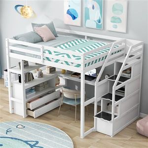 White Full Size Loft Bed with Desk and Shelves Two Built-in Drawers and Storage Staircase Kids' Furniture - Product Image 3