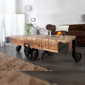 Vandana International Modern Minimalist Wooden Coffee <b>Table</b> <b>with</b> 4 <b>Wheels</b> 110cm Mango Wood Top for Living Room - Product Image 1