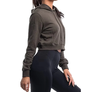 Women's <b>Black</b> Cropped Hoodie Long Sleeve Solid Color Knitted Sweatshirt With Pockets Autumn Wear - Product Image 5