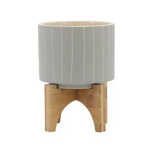 Maceta Moderna de Metal con Soporte de Madera, Acabado Brillante en Amarillo, para Uso en Interiores, Diseño Minimalista con Patrón Circular - Product Image 4