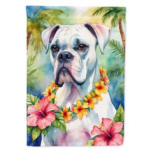 Bandera de jardín Luau con ilustraciones multicolores, buzón bóxer blanco, pancarta decorativa para patio para macizos de flores de tamaño de jardín - Product Image 1