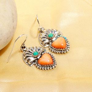<b>Handmade</b> Dangle <b>Earrings</b> Fine Jewelry Wholesaler 925 Sterling Silver Heart Shape Natural Red Coral Gemstone Bezel Setting - Product Image 2