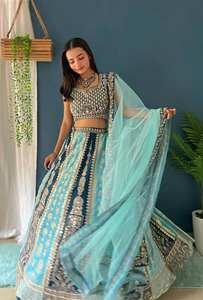 Ensemble Lehenga brodé de sequins bleu aqua royal avec dupatta en tulle – Spécial mariage et fêtes - Product Image 3