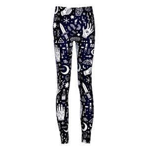 Women <b>High</b> <b>Waist</b> Tight <b>Leggings</b> <b>Black</b> White Witchy Dagger Skull Moon Print Elastic <b>Waist</b> Breathable Fitness Pants - Product Image 1