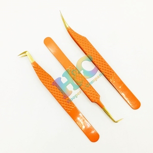 Nuevas Pinzas con Punta Dorada para Extensión de Pestañas, Pinzas de Volumen Inferior para Pestañas de Visón, Pinzas Naranjas Sostenibles de Acero Inoxidable con Logo - Product Image 3
