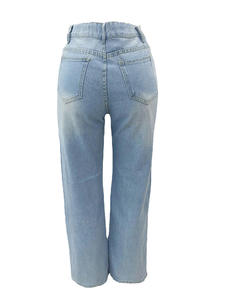 Pantalon en jean taille haute à jambe large, déchiré, bleu clair, coupe ample, longueur intégrale, en coton, style décontracté, fermeture boutonnée - Product Image 3