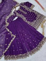 Ensemble 3 pièces de soirée violet foncé en faux georgette lourdement brodé, style Kurti Palazzo, pour invitées de mariage indien et réceptions Sangeet