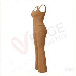 Women <b>Brown</b> Square Neck Tank Top High Waist Flared <b>Leggings</b> Yoga 2 Piece Set Sleeveless Solid - Product Image 3