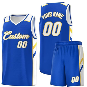 Custom Basketball Jersey Set Blue Yellow White Sublimated Print Sleeveless V-Neck Breathable Mesh Adult Team Apparel - Product Image 1