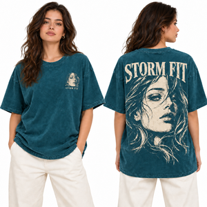 T-shirt oversize bleu pour femme Storm Fit, col rond, manches courtes, coupe ample, 100% coton jersey, délavé à l'acide, streetwear, été - Product Image 2