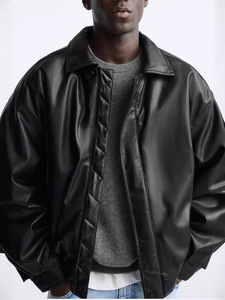 Blouson bomber noir pour homme, col rabattu, fermeture éclair, style décontracté, coupe classique, couleur unie, pour l'automne - Product Image 2