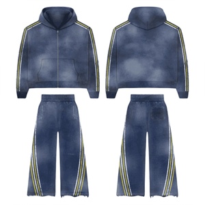 Ensemble de survêtements vintage surdimensionnés avec broderie personnalisée, patchs appliqués, imprimés, effet délavé, comprenant un sweat à capuche zippé et un pantalon de survêtement - Product Image 2