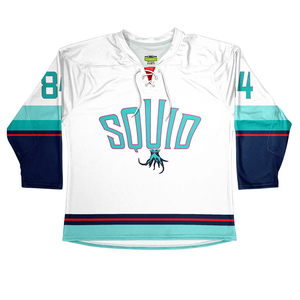Maillot de hockey sur glace blanc, bleu et jaune rayé, sublimé, anti-humidité, manches trois quarts pour homme, 100% polyester, personnalisé - Product Image 3