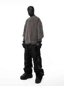 <b>Men's</b> Oversized Corduroy Sweatshirt High Collar Lantern Sleeve <b>Cropped</b> Washed Cotton Casual Streetwear <b>Top</b> - Product Image 3