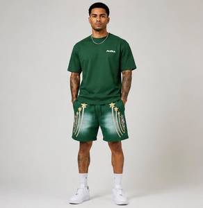 Shorts Bermuda Verts Imprimés Alpha pour Hommes avec Motif Étoile, Taille Élastique Décontractée, en Coton Respirant, Brodés - Product Image 1