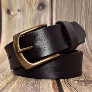 Ceinture vintage en cuir véritable, couleur unie, boucle à ardillon rectangulaire en cuivre, durable, style décontracté, en cuir de vachette - Product Image 5