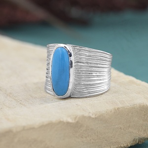 925 Silver <b>Turquoise</b> Oval Cabochon <b>Ring</b> Wide Band Textured Bohemian Statement <b>Ring</b> Unisex Everyday Wear - Product Image 2