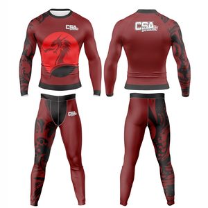 ชุดรัดกล้ามเนื้อผู้ชายแบบพิมพ์ลายซับลิเมชั่น ดีไซน์ใหม่ปี 2026 คุณภาพพรีเมียม ระบายอากาศได้ดี เป็นมิตรกับสิ่งแวดล้อม เหมาะสำหรับ MMA พร้อมเสื้อรัดรูปและกางเกงรัดรูป - Product Image 1