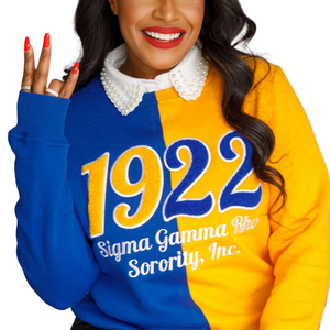 Sweat-shirt en chenille bicolore Sigma Gamma Rho 1922 pour femme, bleu et or, mélange de coton, manches longues, coupe élégante - Product Image 2