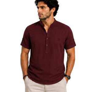Camisa Casual de Lino y Algodón para Hombre, Color Borgoña, Cuello Mandarín, Manga Corta, Transpirable, Verano, Manga Enrollable, Bordada, OEM, Personalizada - Product Image 1
