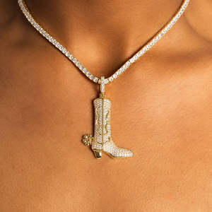 <b>Iced</b> <b>Out</b> Cowboy Boot Pendant Necklace 18K Gold Plated Diamond Encrusted Western Charm Tennis <b>Chain</b> Unisex Luxury Jewelry - Product Image 3