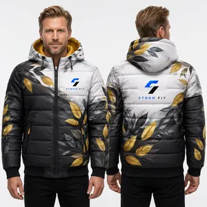 Chaqueta Acolchada con Capucha para Hombre, Estampado Floral, Cortavientos, Invierno, Casual, Cierre de Cremallera, 100% Poliéster, Corte Regular - Product Image 1