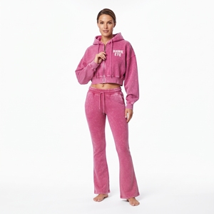 Conjunto de Mujer: Top Corto de Algodón con Efecto Ácido y Hombros Caídos de Manga Larga y Pantalones Jogger de Pierna Ancha, Fabricación al por Mayor con Logotipo Personalizado - Product Image 2