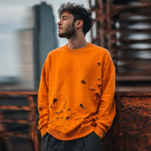 Sudadera de cuello redondo para hombre, estilo distressed, moda de invierno, streetwear, hombros caídos, oversize, manga larga, top con efecto desgastado - Product Image 1