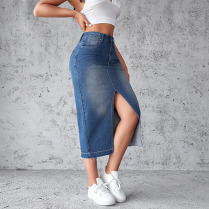 Jupe crayon en jean taille haute longueur mi-mollet avec fente avant pour femme - Product Image 5