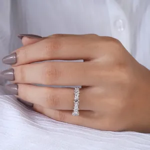 Unique Silver Mixed Cut Moissanite Eternity Band Elegant Baguette and Round <b>Diamond</b> <b>Simulant</b> Wedding Ring Modern Gift for Her - Product Image 5