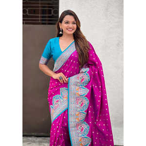 Saree de Seda Darbari Magenta con Tejido Zari, Bufandas y Chales Tradicionales, 700g, Tejidos de Primera Calidad - Product Image 1