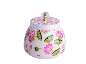 Ensemble de pots de rangement décoratifs côtelés avec couvercle Fleur de Lys doré, vert sauge et rose corail, style vintage, pour la décoration intérieure - Product Image 3