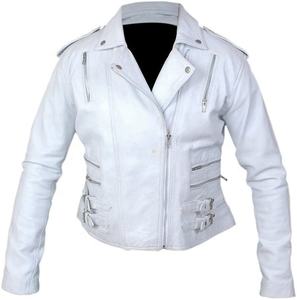 White Sheepskin Leather <b>Jacket</b> <b>Women</b> Moto Biker Zipper Outerwear Windproof Waterproof Regular Fit - Product Image 3