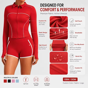 Ensemble de combinaison sportive 2 pièces pour femme, fermeture éclair sur le devant, manches longues, short cycliste, respirant, tenue de yoga, OEM ODM - Product Image 5