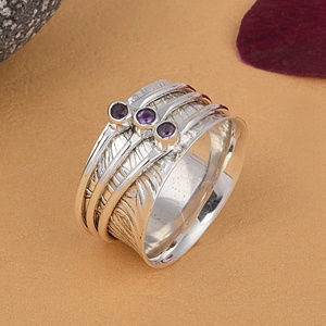 Natural Amethyst 925 Sterling Silver Handmade <b>Spinner</b> <b>Ring</b> Wide Band Meditation <b>Rings</b> Artisan Fidget Jewelry for Women - Product Image 2