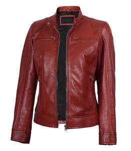 DARKRY Blouson de moto pour femme en cuir véritable rouge, coupe ajustée, coupe-vent, écologique, style Cafe Racer, en tissu satiné, hiver - Product Image 4