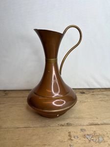 Vintage Copper Water <b>Jug</b> With Brass Handle And Band Solid Color Metal Pitcher For <b>Drinks</b> 10–12.9 In Height - Product Image 2
